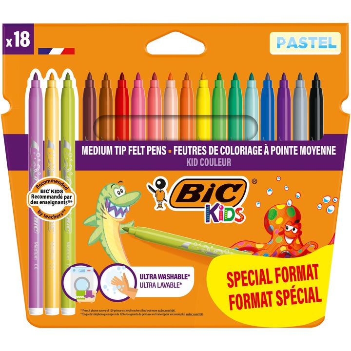 Carioci BIC Kids Kid Couleur, ultralavabile, diverse culori, pachet special 15 culori + 3 pastel