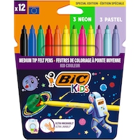 Set 12 Carioci ultra-lavabile BIC Kids Kid Couleur Editie Speciala Cosmo, pachet 6 culori standard + 3 neon + 3 pastel
