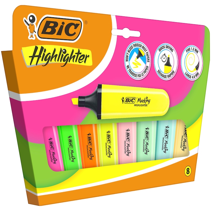 Evidentiatioare BIC Highlighter Flat, varf tesit mediu, culori neon si pastel, cutie 8 bucati