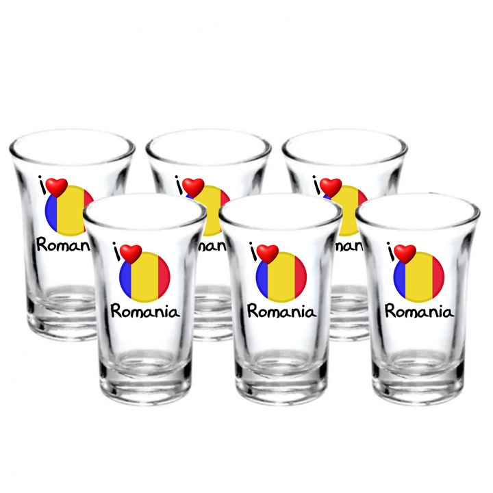Set 6 pahare I love Romania, 40ml, sticlă