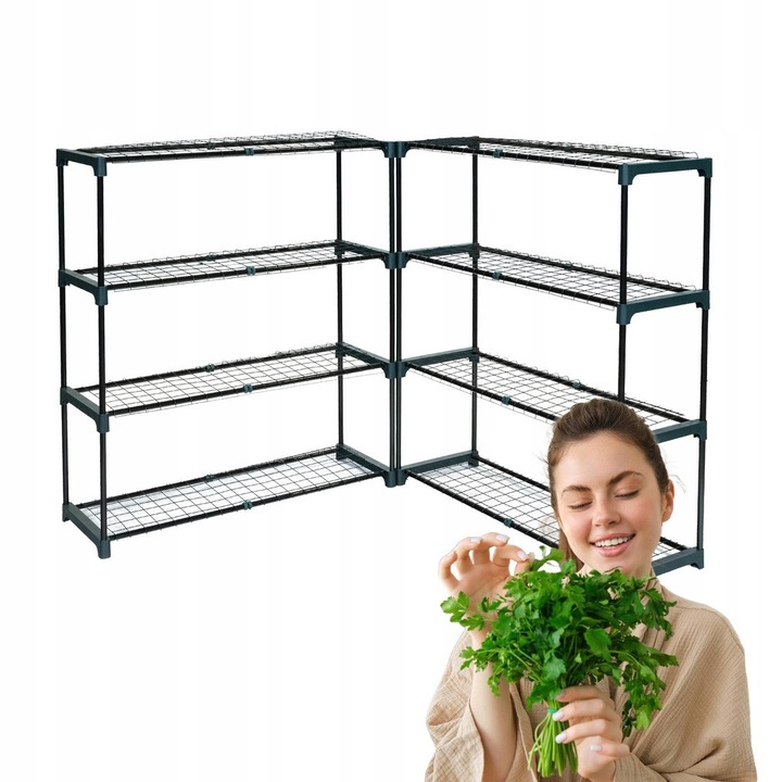 Set 2x Raft Gradina / Suport Plante, Grindi, GRO, Organizator Cu 4 Niveluri Per Modul, Structura Metalica Solida Cu Plasa De 1.8mm, Capacitate 10kg Per Raft, Design Modern Pentru Balcon Sau Terasa, Montaj Simplu Fara Unelte, 90x30x108 cm, Maro