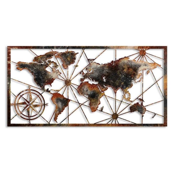 Decor de perete Re-Bloom, model World Map, metal, multicolor, 120 x 60 cm