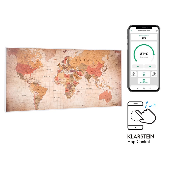 Panou radiant Klarstein Wonderwall Air Art Smart, 700 W, 120x60 cm, control prin aplicație, design harta lumii