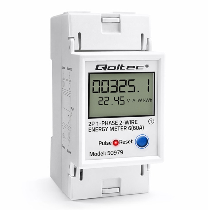 Contor electric monofazat Qoltec, 5A, 60A, clasa 1.0, afisaj LCD, montaj sina DIN TH35