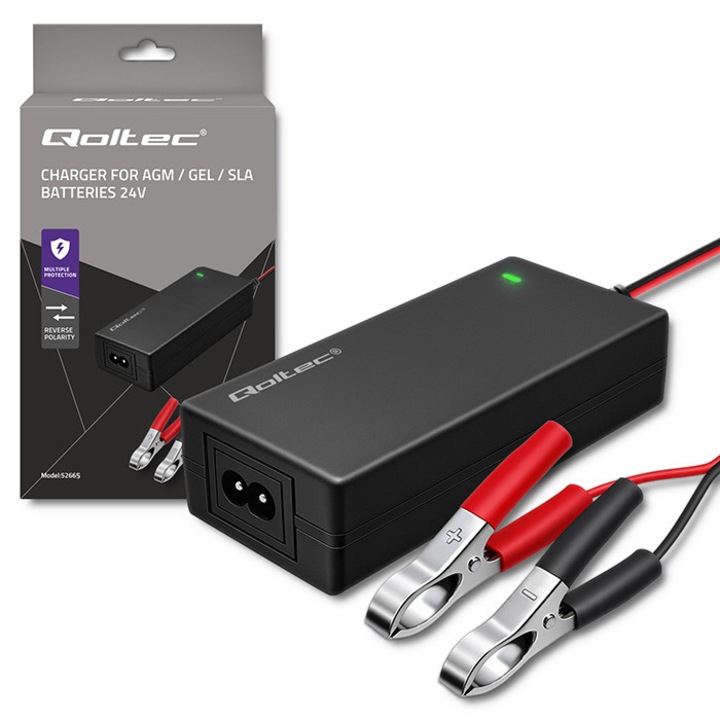 Зарядно за кола Qoltec 24V за AGM, GEL, STD батерии, защита от пренапрежение, LED индикатор