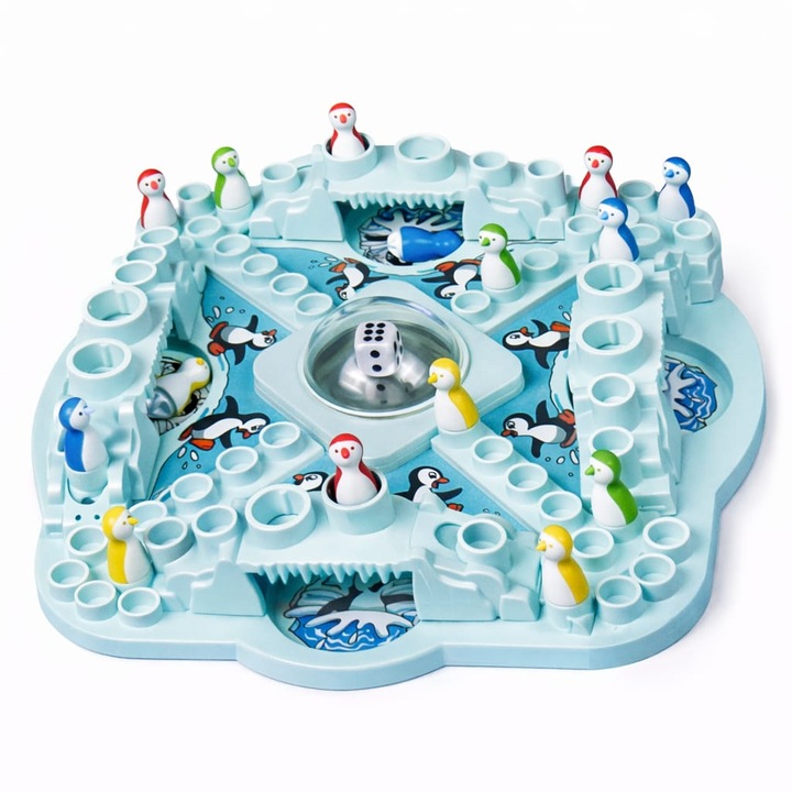 Joc de societate Cursa Pinguinilor pentru copii si familie, 2-4 jucatori, cu pioni si zar integrat, joc distractiv interactiv