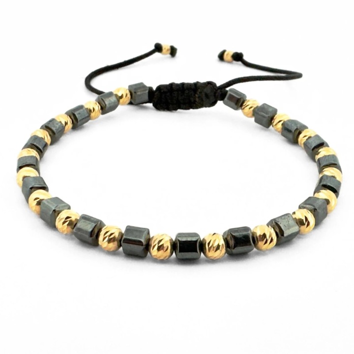 Bratara cu Bile Argint 925 Placate Aur 18K 4mm, Pietre Hematit Cubic - Snur Reglabil, Unisex