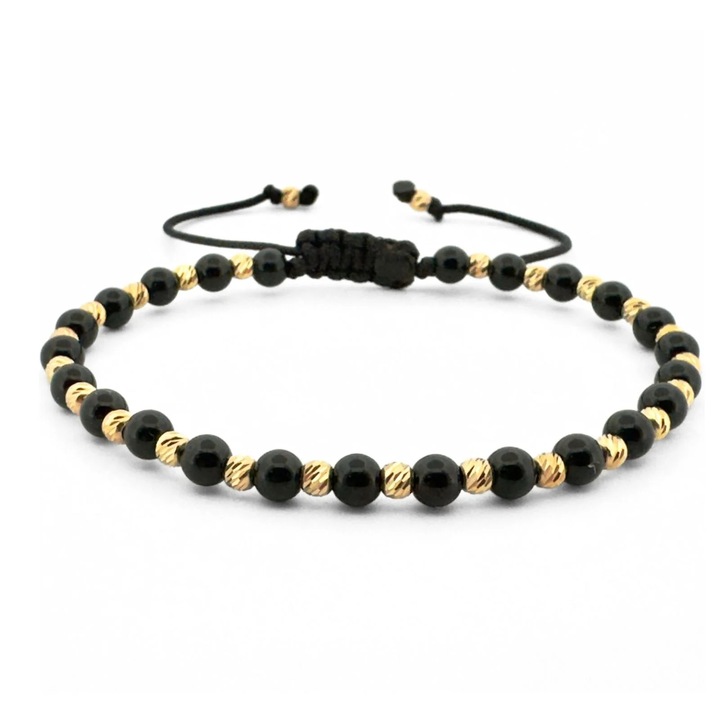 Bratara cu Bilute Argint Placate cu Aur 18K, Onix Negru 4mm, Snur Reglabil, Unisex