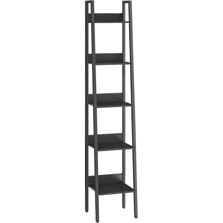 Biblioteca tip scara cu 5 rafturi, design industrial, cadru metalic si rafturi din PAL, 34x30x170 cm, negru