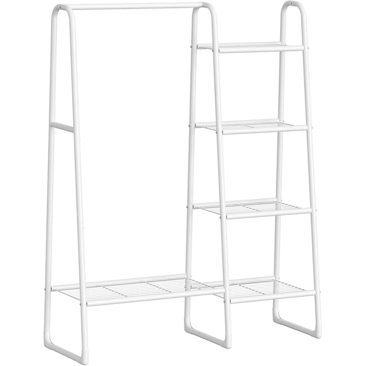 Cuier 5 rafturi bara haine structura metalica stil industrial, 40x102x153 cm, compact, alb