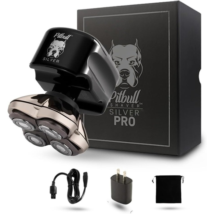 Aparat de ras Skull Shaver Pitbull Silver PRO SX5, 4 capete, waterproof, 70 minute autonomie, set complet