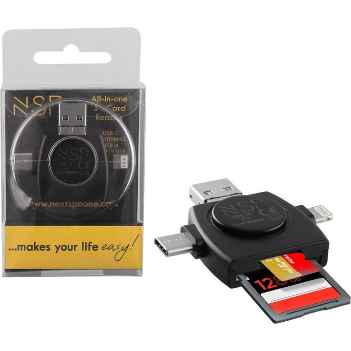 Cititor de carduri 3 in 1 NSP N35 USB-A/Micro USB/Type C & Lightning, negru