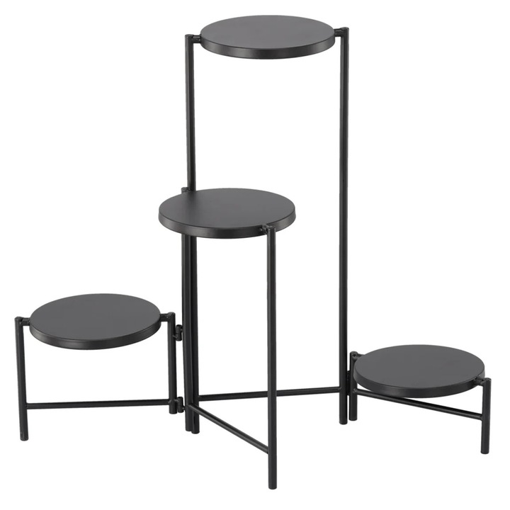 Suport flori metalic 4 niveluri rafturi rotunde interior, 60x43x60 cm, economisire spatiu, negru