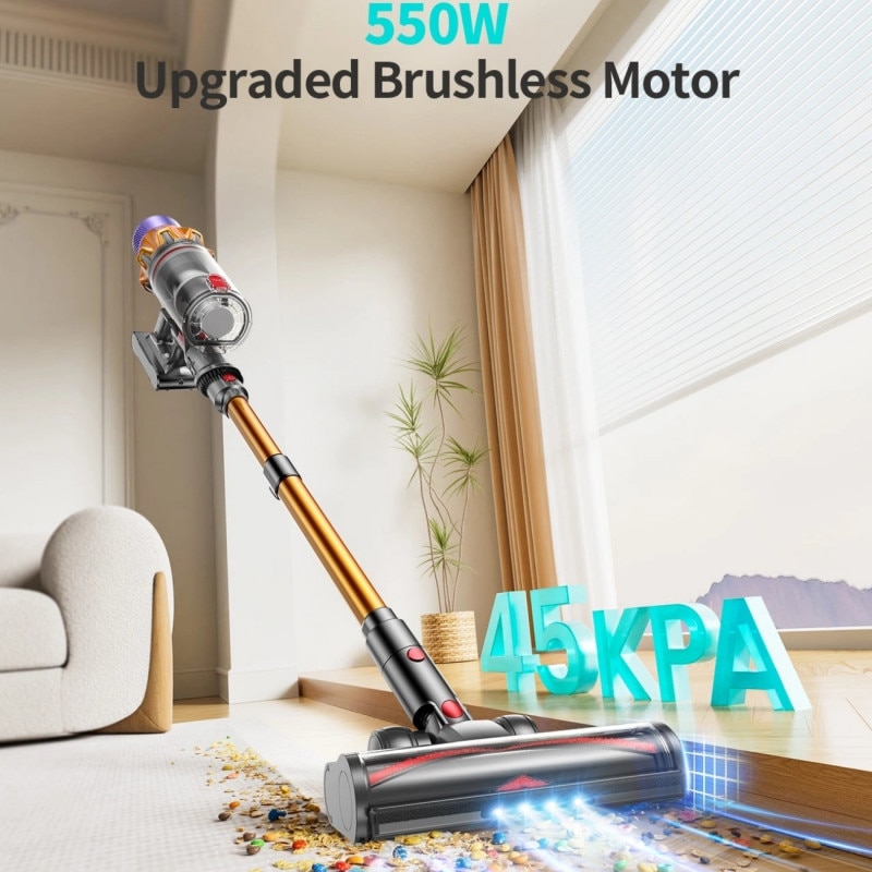 Aspirator vertical Honiture X7 CJD239, 550 W, 45 kPa, 1, 5 l, 60 min, 3 moduri, inaltime reglabila, filtru HEPA, ecran tactil, perie cu LED, nichel/galben