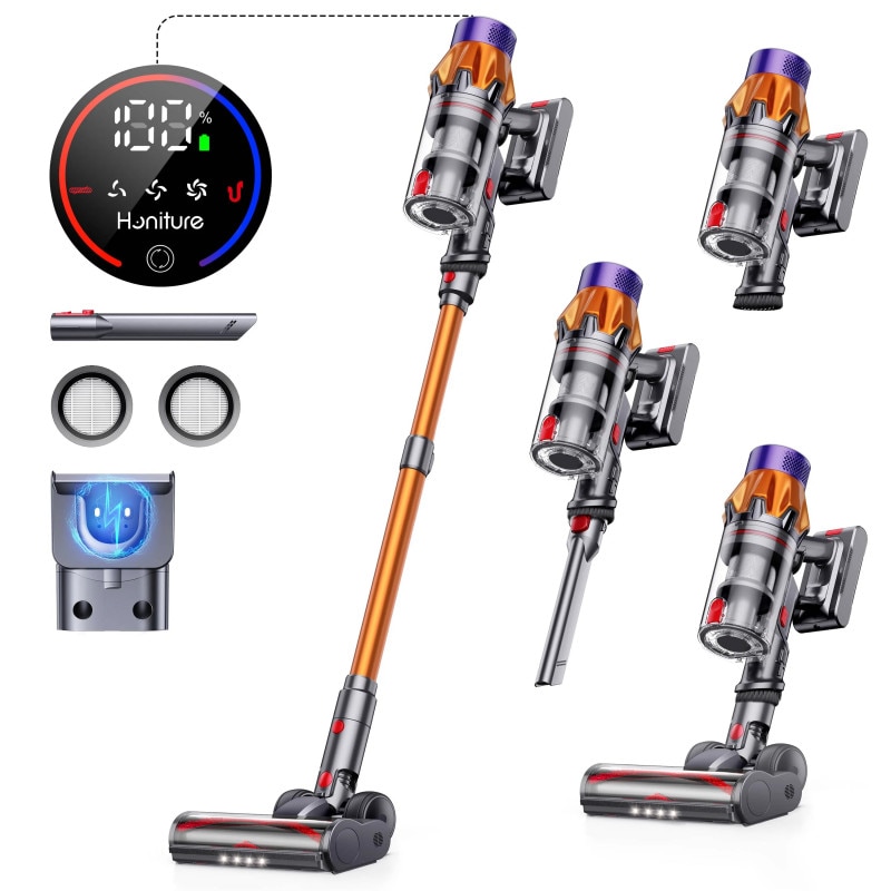 Aspirator vertical Honiture X7 CJD239, 550 W, 45 kPa, 1, 5 l, 60 min, 3 moduri, inaltime reglabila, filtru HEPA, ecran tactil, perie cu LED, nichel/galben