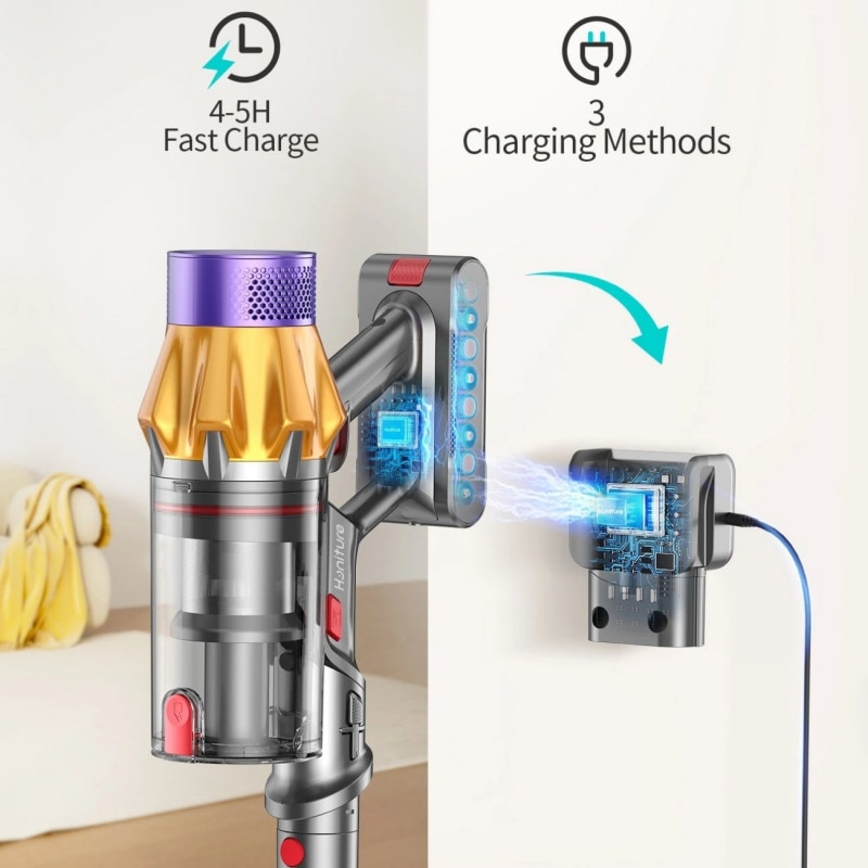 Aspirator vertical Honiture X7 CJD239, 550 W, 45 kPa, 1, 5 l, 60 min, 3 moduri, inaltime reglabila, filtru HEPA, ecran tactil, perie cu LED, nichel/galben