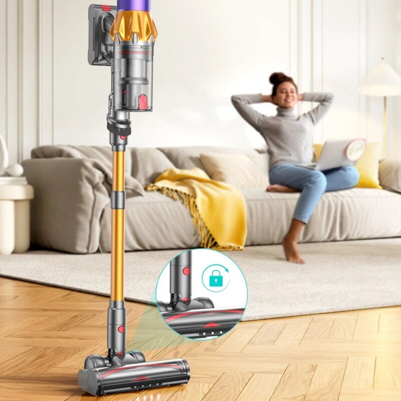 Aspirator vertical Honiture X7 CJD239, 550 W, 45 kPa, 1, 5 l, 60 min, 3 moduri, inaltime reglabila, filtru HEPA, ecran tactil, perie cu LED, nichel/galben