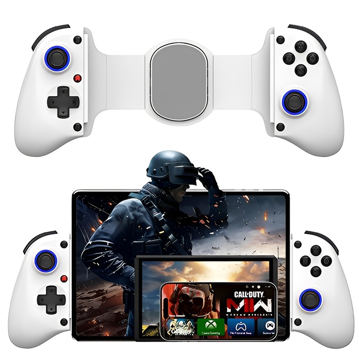Gamepad Controller Gaming, COSMI®, 1 Buc, Design Extensibil, Trigger Liniar Hall, Joystick 3D, 2 Butoane Macro Spate, Dublu Motor Vibratii, Bluetooth 5.2, Compatibil Switch/Android/iOS/PC, Alb