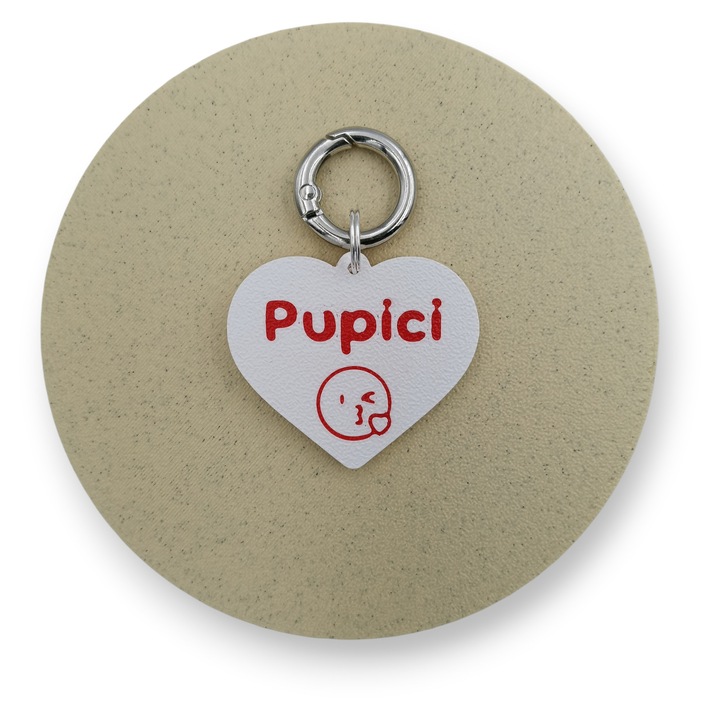 Medalion Caini Pupici, Forma Inima, 40x35 mm, PLA Bioplastic, Printat 3D, Alb, Rosu