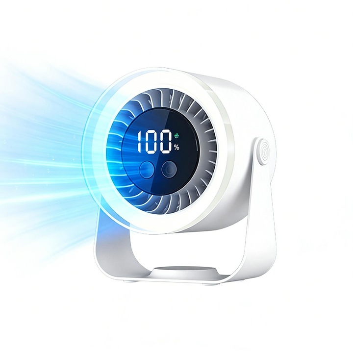 USB asztali ventilátor, 9 sebességes, digitális kijelző, csendes asztali ventilátor turbó légáramlással, hordozható újratölthető akkumulátorral, hűtőventilátor irodába, falra szerelhető, otthonra, irodába, konyhába, utazáshoz, kempingezéshez — Fehér