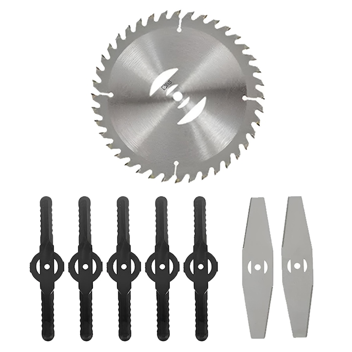 Set Accesorii De Rezerva SIKS Pentru Motocoasa Electrica Cu Acumulator, 1 Disc, 5 Lame Din Plastic, 2 Lame Din Otel, Argintiu