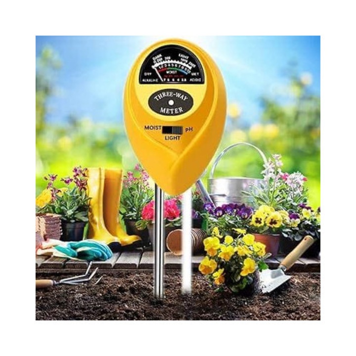 Tester Sol, 3 in 1, Afisaj Digital, Galben, Contor Umiditate, PH, Lumina