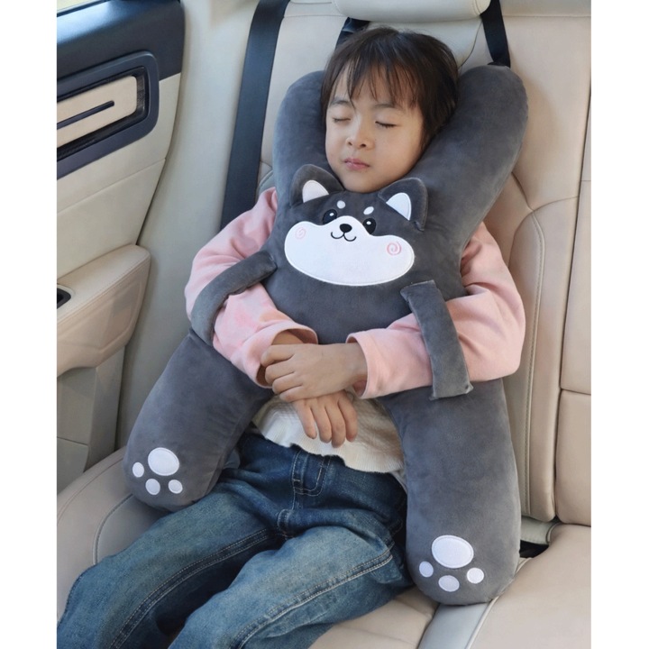 Perna de Gat si Suport Corp pentru Copii, Pernuta Auto Husky, cu Fixare pe Centura de Siguranta, Design Ergonomic pentru Somn Confortabil in Masina, Plus Moale, Compatibila cu Orice Masina, Ideala pentru Calatorii, 42x56 cm, Gri, PriStyle®