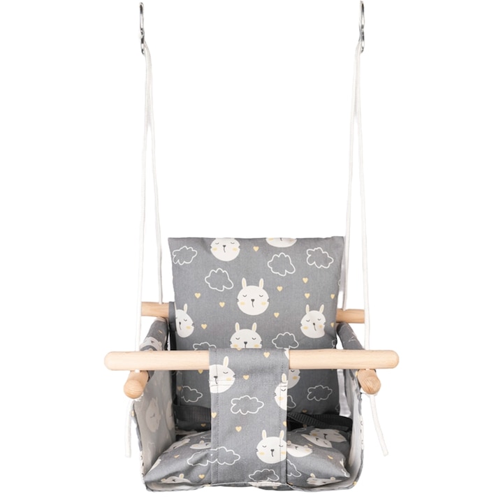 Leagan pentru bebelusi si copii mici, 6-36 luni, din lemn natural si bumbac, perna moale detasabila inclusa, Gri/Alb