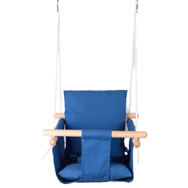 Leagan pentru bebelusi si copii mici, 6-36 luni, din lemn natural si bumbac, perna moale detasabila inclusa, Albastru