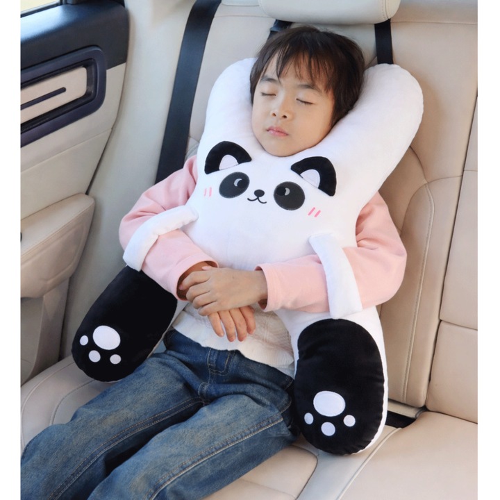 Maci láb és testtámasz gyermekeknek, autóba való Panda párna, biztonsági övre rögzíthető, ergonomikus kialakítás a kényelmes alvásért az autóban, puha plüss, bármilyen autóval kompatibilis, ideális utazáshoz, 42x56 cm, fehér feketével, PriStyle®