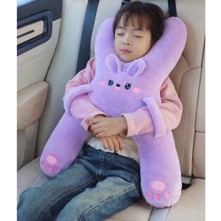 Lábtámasz és Testtartó Gyerekeknek, Nyuszi Autós Párna, Biztonsági Övre Rögzíthető, Ergonomikus Kialakítás a Kényelmes Alváshoz az Autóban, Puha Plüss, Bármilyen Autóval Kompatibilis, Ideális Utazáshoz, 42x56 cm, Lila, PriStyle®