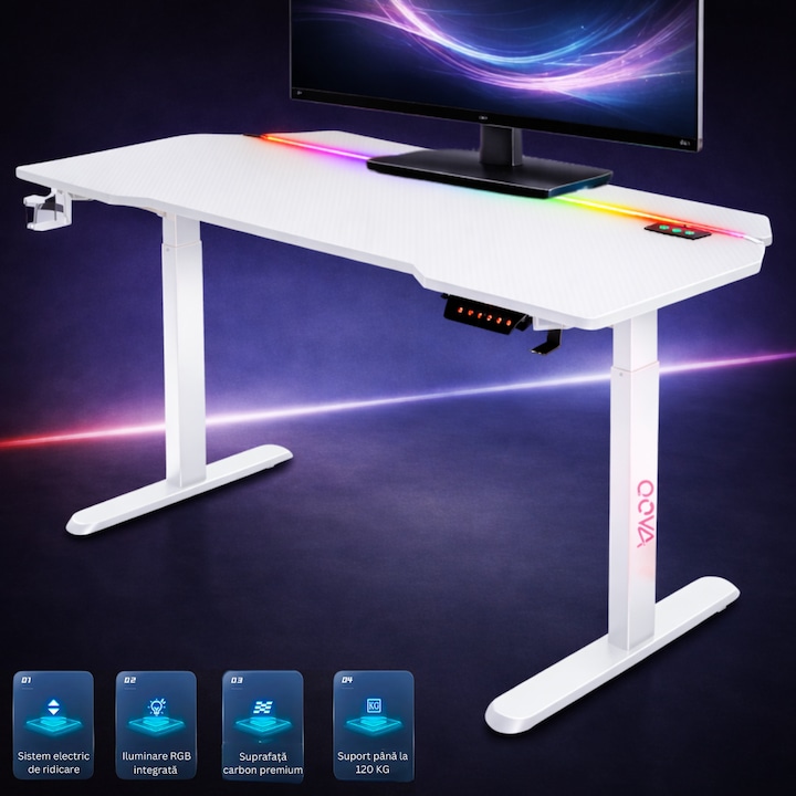 Birou Gaming RGB, Reglabil Electric pe inaltime, QOVA®, Masa cu Inaltime Ajustabila intre 72-117 cm, Motor Silentios, Blat Carbon Premium, Suport 120KG, Iluminare LED RGB integrata, Suport Pahar & Casti, Ergonomic Office & Gaming, Alb