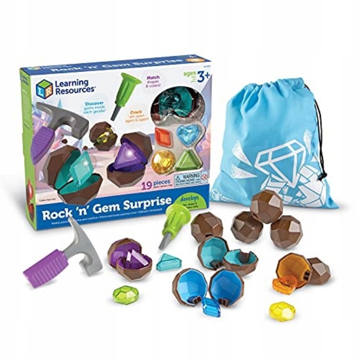 Joc educativ Learning Resources Rock 'n' Gem Surprise, 8 culori, 4 forme, 12x9.9x2.9cm, set cu geode reutilizabile