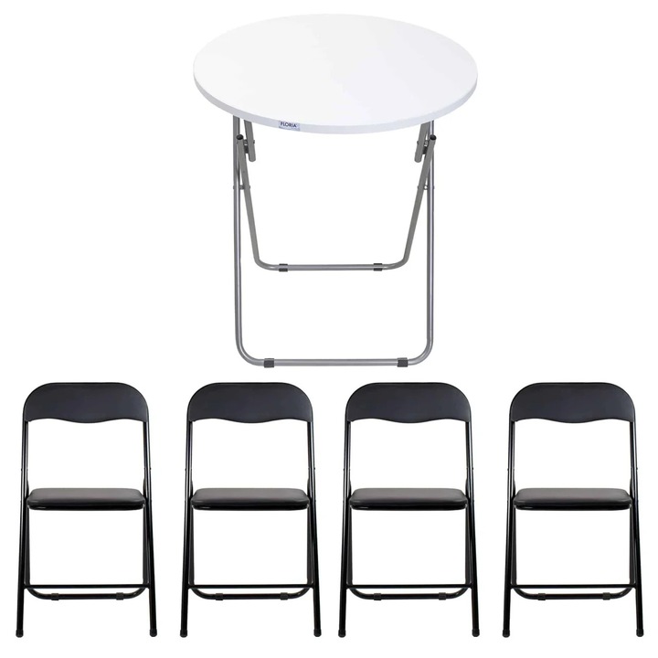 Set masa pliantă rotundă cu blat MDF, alb, 60x65cm plus 4 scaune pliantă bucătărie