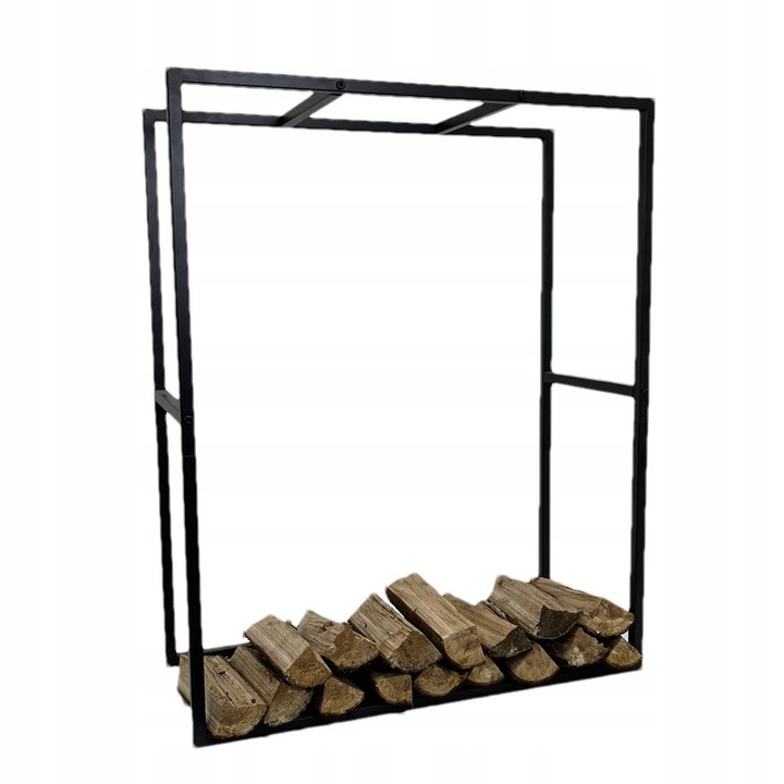 Suport Lemne Foc, Grindi, Pren, Raft Metalic pentru Depozitare Lemne Semineu, Organizator Lemne de Foc, Structura Otel Vopsit, Design Modern si Minimalist pentru Salon, Montaj Simplu si Rapid, 80x35x100 cm, Negru