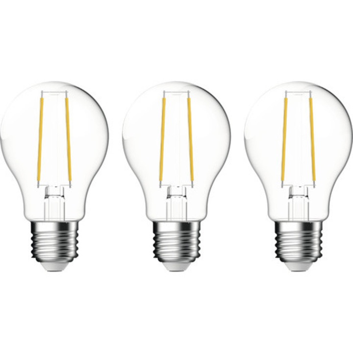 Becuri LED Verpackungsdesign E27 4, 5W 470 lumeni, glob clar A60, lumina calda CRI90, 3 bucati