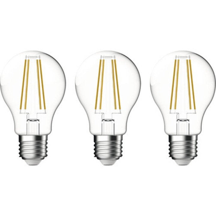 Becuri LED Verpackungsdesign E27 7W 806 lumeni, glob clar A60, lumina calda CRI90, 3 bucati