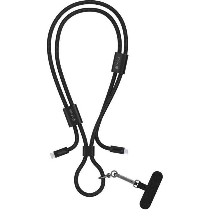 Cablu de date Devia USB C la USB C, 60W, 1.6m, cu lanyard ajustabil, negru
