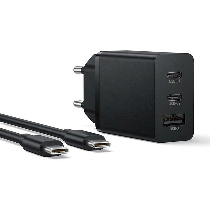 Комплект зарядно устройство с 65W PD адаптер и 1м Type C кабел, 1x USB A и 2x USB C портове, компактен Trio дизайн, супер бързо зареждане, черен
