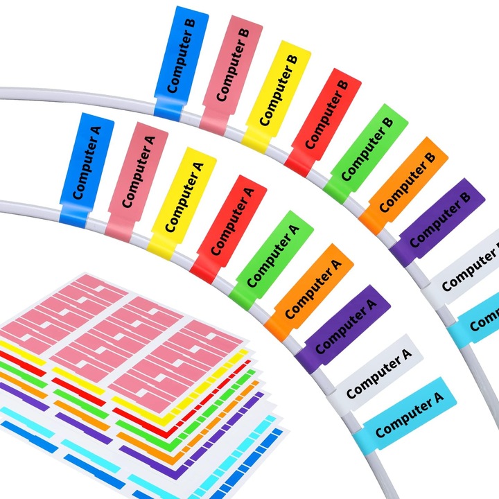 Set 360 etichete autoadezive rezistente la rupere pentru cabluri, Etichete colorate cu cablu impermeabil, 12 culori, cu 1 marker, Multicolor