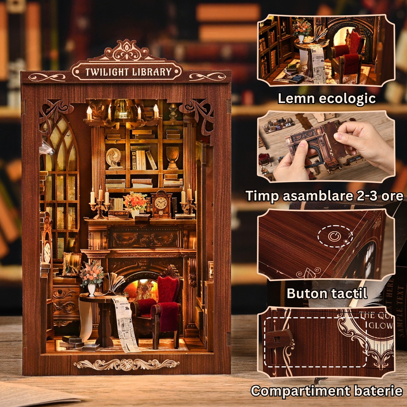 【希少 未開封】 Design Interior CollectionVOL.3 Puzzle 3D Book Nook DIY, Zinkoo, Twilight Library, Casa din lemn