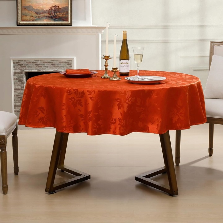 Obrus rotund 180cm, pomarandz, material poliester, model damaschin, rezistent la pete, set pentru masa