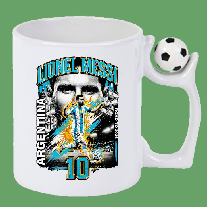 Cana Lionel Messi Argentina World Cup Fifa 2026, Cadou, Sarbatori, Cri-Flo, Maner cu minge Anti Stres, Culoare Alb, 330 ml