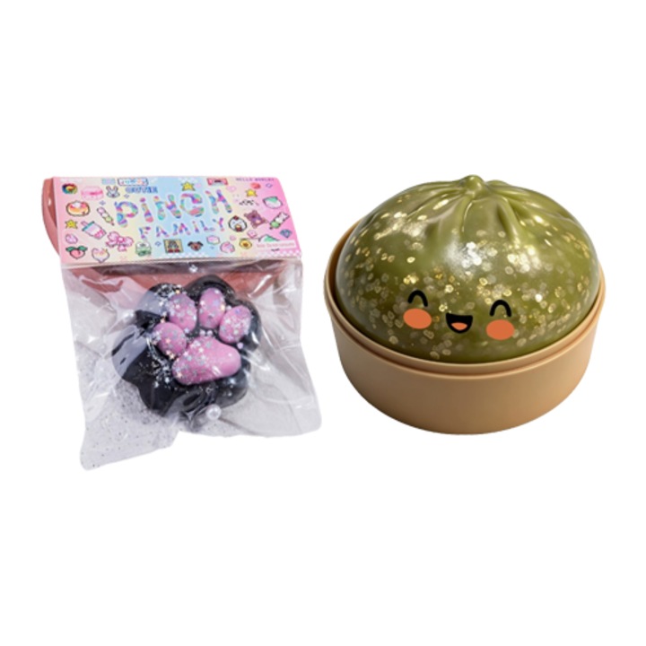 Interaktív gyerekjáték szett, puha játék zöld, arany csillámos zsemle és fekete macskamancs formájában, nem ragadós.