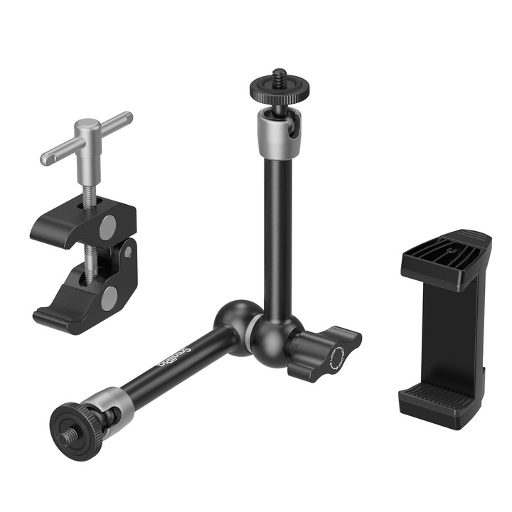 Clema SmallRig cu gauri filetate de 1/4" si 3/8", brat magic articulat cu frecare reglabila de 9, 8 inci cu suport de telefon pentru camere de actiune, smartphone-uri, monitor LCD/lumini LED - 5326