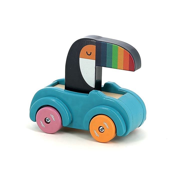 Masina albastra din lemn cu claxon integrat, Tucan, Vilac, 18 luni +