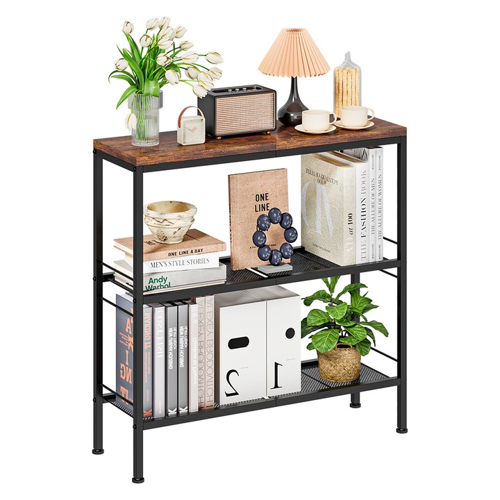 Masa Consola Ingusta cu 3 Niveluri Uptyia, Masa pentru Hol cu Rafturi, Masa Multifunctionala pentru Hol, Living sau Dormitor, Maro Rustic/Negru, 75 × 24 × 75 cm
