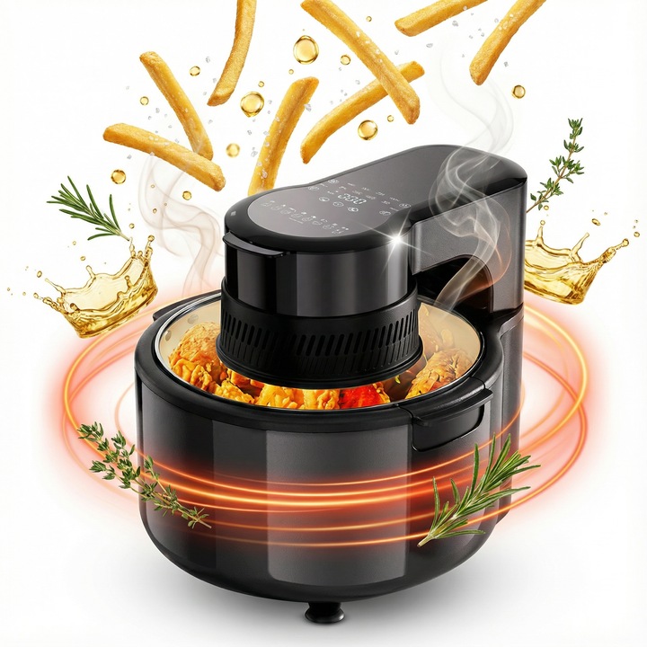 Friteuza cu aer cald, 5 L, 1200 W, 80-200 °C, 8 moduri de gatit, cu fereastra de vizualizare, control digital al temperaturii, temporizator, element de incalzire cu cristale de carbon, Negru, 33 x 28 x 28 cm
