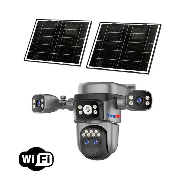 WIFI 12MP Krokodil AOV megfigyelő kamera dupla napelem panellel, 4 lencsével, 10x optikai zoommal, kétirányú kommunikációval, PIR érzékelővel, éjjellátó funkcióval, vízállósággal