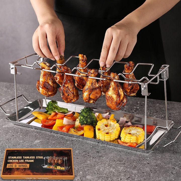Suport cu tava pentru pulpe Mountain Grillers, otel inoxidabil, argintiu, 42.7x16.6x15 cm
